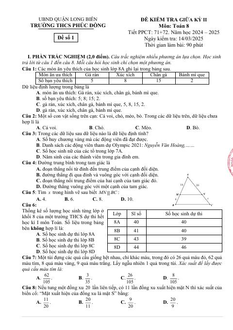 Đề thi Giữa kì 2 Toán 8 năm 2024–2025 trường THCS Phúc Đồng (Hà Nội)